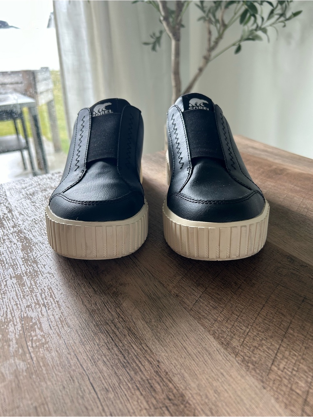 Sorel Black Leather Slip-On Sneakers with Cream Platform Sole - Picture 3 of 7
